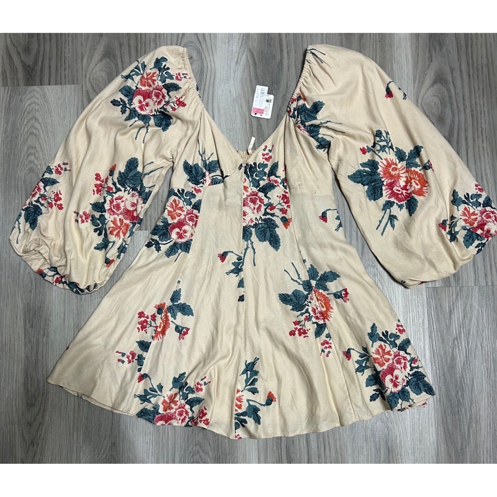 Free People Floral Balloon Sleeve Mini Dress Cream Red Womens‎ Small NEW